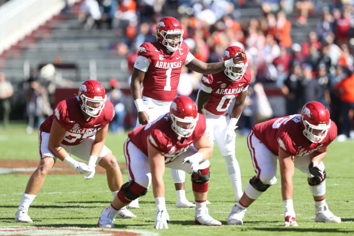 Oct 16, 2021; Fayetteville, Arkansas, USA; Arkansas Razorbacks quarterback KJ Jefferson (1) signals at the line during the first quarter against the Auburn Tigers at Donald W. Reynolds Razorback Stadium. Mandatory Credit: Nelson Chenault-USA TODAY Sports